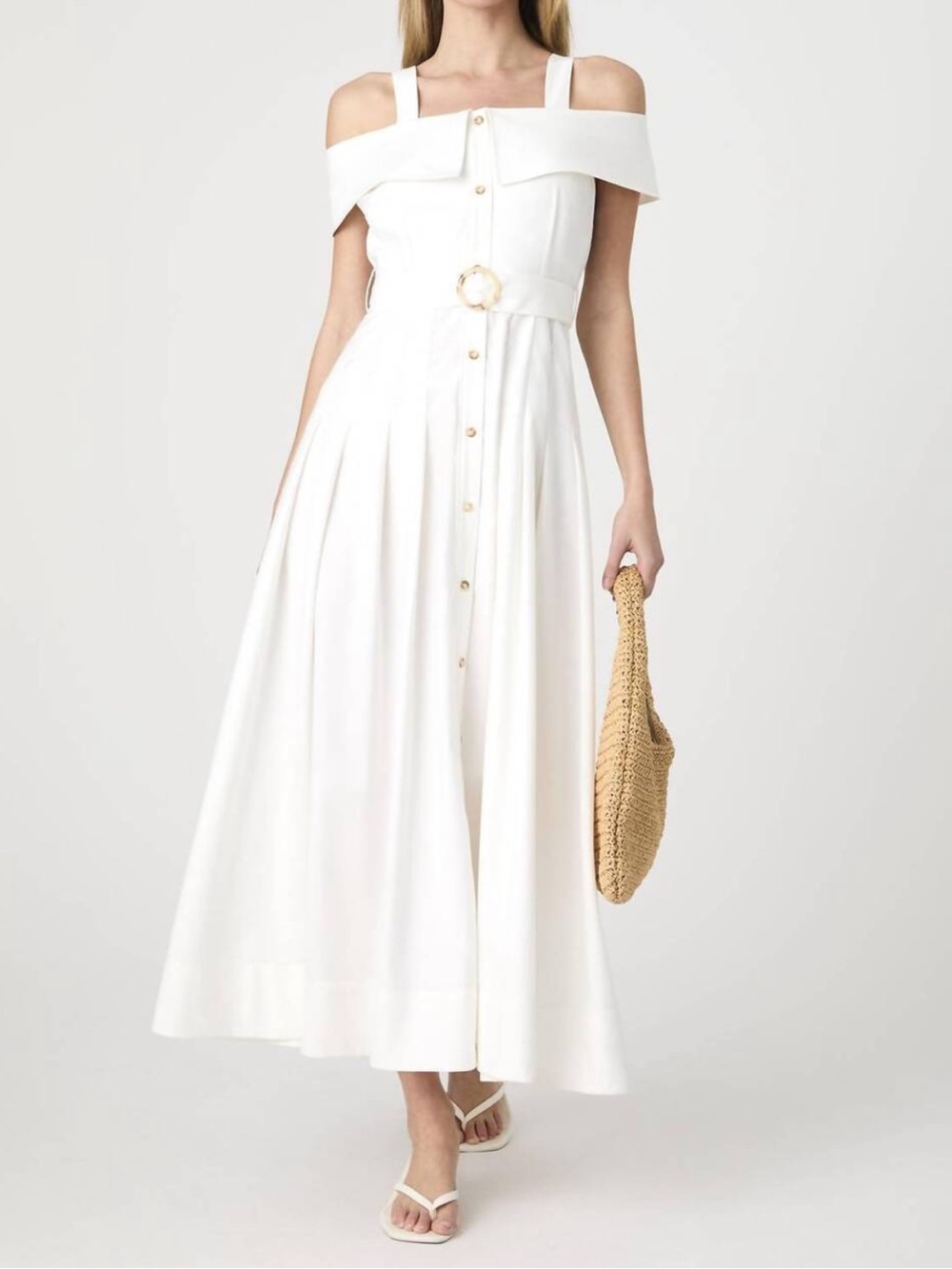 French Connection White Maxi Button-Front Dress Skirt with Belt